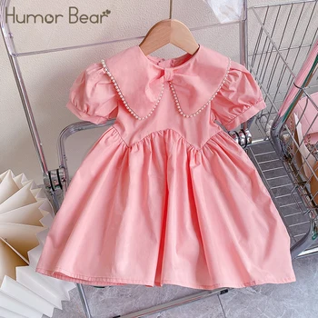 Humor Bear 2023 Новое детское платье для девочек Платье принцессы Летнее Розовое платье с пышными рукавами Украшение Принцессы Бантом из бисера Детское платье