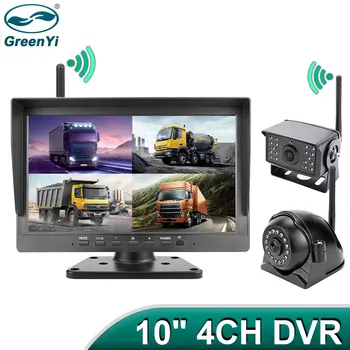 GreenYi 10-дюймовый AHD беспроводной 4-канальный видеорегистратор с IPS-монитором и цифровой беспроводной ИК-камерой заднего вида для грузовика с прицепом, автобуса, фургона-пикапа