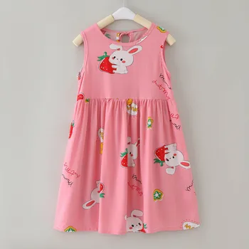 Летнее платье принцессы без рукавов с рисунком клубники и кролика для малышей, повседневное платье, джинсовое платье, детское праздничное платье для девочек