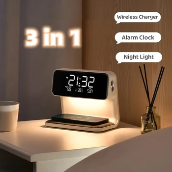 Креативная прикроватная лампа 3 в 1, беспроводная зарядка, ЖК-будильник, беспроводное зарядное устройство для телефона для Iphone