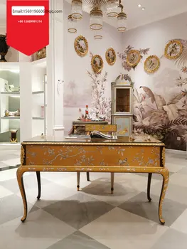 Европейская Французская спальня компьютерный стол из массива дерева оригинальный одноместный экспортный стол и стул ручной росписи благородного золотисто-желтого цвета