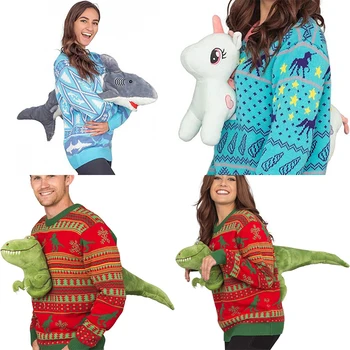Унисекс, вязаный рождественский свитер с 3D динозавром, Уродливая мультяшная одежда, пуловер с милой куклой, Забавные вечеринки, Праздничный джемпер, крутой подарок