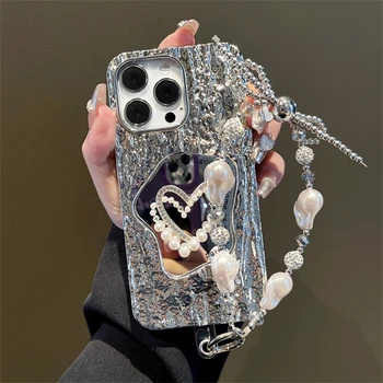 Роскошный 3D Жемчужный браслет с зеркальными бусинками Love Heart, чехол для телефона для iPhone 12 15 Pro Max, 13 Pro 14 11, Противоударный бампер с покрытием