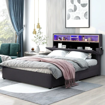 Дизайн зарядки Мягкая кровать-платформа королевского размера с изголовьем для хранения, светодиодной подсветкой, USB-зарядкой и 2 выдвижными ящиками, темно-серая