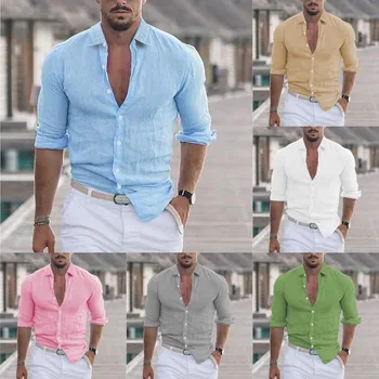Новые мужские повседневные хлопчатобумажные льняные рубашки с отложным воротником, однотонные длинные рукава, свободные мужские рубашки размера плюс в весенне-осеннем стиле
