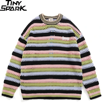 2023 Уличная одежда Унисекс, свитер в полоску в стиле ретро, вязаный свитер с вырезами, Хип-хоп, Рваный пуловер, Мужской свитер Harajuku, Мягкий Y2K