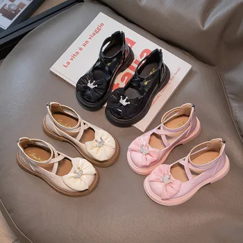 Новая детская Кожаная обувь для девочек, Размеры 26-36, Туфли-гладиаторы Для девочек-подростков, Модельные туфли с ремешком на щиколотке и галстуком-бабочкой, Детская обувь G07293