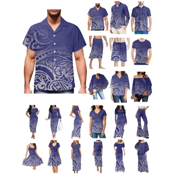 Полинезийская Тонга, Гавайи, Фиджи, Гуам, Самоа, Племенные татуировки понпеи, одежда с принтами, женское платье, мужская рубашка, Синяя одежда для влюбленных