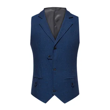 Жилет для мужского костюма, синий однобортный шерстяной мужской жилет из смесовой ткани, джинсовый жилет, куртка приталенного кроя, повседневная, официальная, деловая