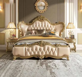 Кровать из натуральной кожи в европейском стиле, резная двуспальная кровать из массива дерева 1,8 м, свадебная кровать, французская кровать 2.0 king size в главной спальне, vi