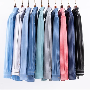 Модная мужская повседневная оксфордская рубашка в полоску из 100% хлопка в полоску с длинным рукавом и вышитым нагрудным карманом, рубашки стандартного кроя на пуговицах