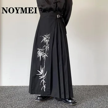 NOYMEI, китайская вышивка, плиссированная бамбуковая длинная брючная юбка, тренд, Повседневная мужская Черная осенняя мода, Универсальная Винтажная Новинка WA2183