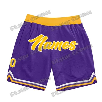 Новое индивидуальное название и номер Фиолетовые золотисто-белые баскетбольные шорты с 3D принтом, мужские молодежные летние спортивные шорты из дышащей сетки
