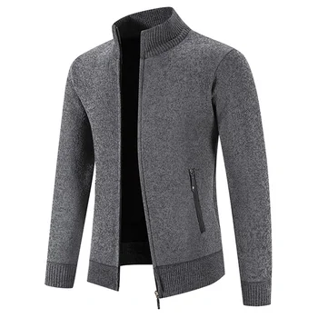 Вязаный осенний теплый мужской свитер с флисовым воротником, однотонный свитер на молнии, свитер с карманом-стойкой, одежда, Кардиганы, Зимний кардиган