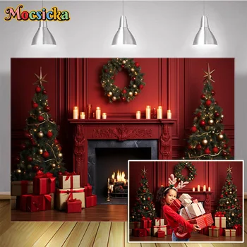 Фотографические фоны Рождественская елка в помещении и фон с красным камином для портретной съемки Семейные принадлежности для вечеринок Фотозона