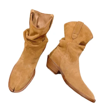 Женские ботинки Из натуральной кожи С Раздельным Носком, Однотонная обувь для отдыха на Кожаной подошве без застежки, Zapatos Para Mujeres