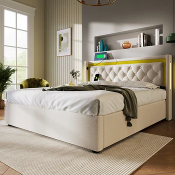 Кровать с мягкой обивкой современного дизайна, изголовье с интерфейсом USB и светодиодной подсветкой, кровать для хранения 140/160 х 200 см, кровать для взрослых и подростков