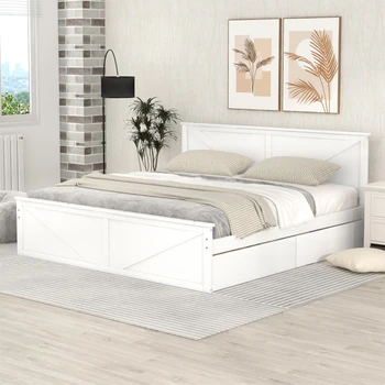 Деревянная кровать-платформа королевского размера с четырьмя ящиками для хранения и опорными ножками, простая и атмосферная, серый / белый