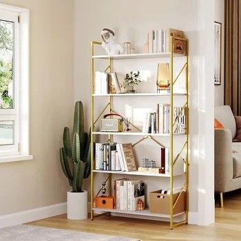 5-Ярусная книжная полка и книжный шкаф, современные широкие Золотые открытые книжные полки для гостиной, спальни,  