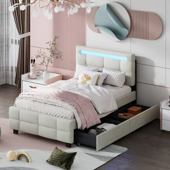 Двуспальная мягкая кровать на платформе со светодиодной рамой и 2 выдвижными ящиками, льняная ткань, элегантный дизайн, компактность, бежевый/ серый