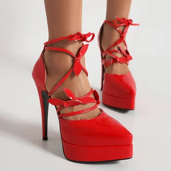 Весенние женские туфли-лодочки, большие размеры, длина 22-28 см, Лакированная кожа, туфли на высоком каблуке с острым носком, Открытые сандалии с перекрестной пряжкой, пикантная обувь
