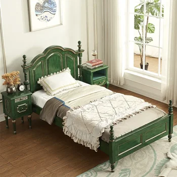 Главная спальня в стиле Кантри с двуспальной кроватью из массива дерева в стиле ретро, большая односпальная кровать в скандинавском стиле, роскошная кровать со спинкой из французской березы