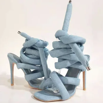 Женские босоножки из денима с ремешками на щиколотках, Женская обувь с открытым носком, лакированная кожа, женские туфли на высоком каблуке-шпильке, Sapatos Feminino