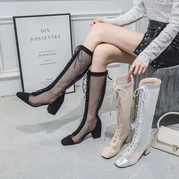 Сандалии с круглым носком, сапоги, летняя женская обувь, ботинки на шнуровке-Женские сексуальные туфли на высоком каблуке до бедра, пикантные роскошные дизайнерские туфли до середины икры