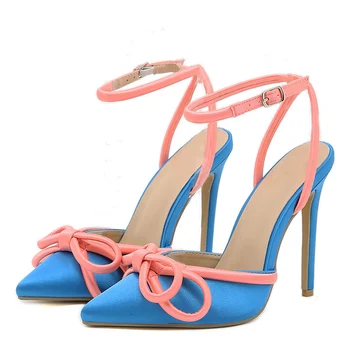 2023 Новые женские Босоножки Модная шелковая женская обувь с узлом бабочки, сексуальная пряжка, острый носок, Тонкие туфли на высоком каблуке, вечерние женские туфли-лодочки