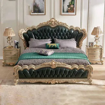 Двуспальная кровать виллы в европейском стиле, 2-метровая двуспальная кровать во французском стиле, роскошная 1,8-метровая кровать из массива дерева, натуральное золото шампанского