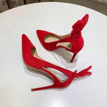 Весенне-осенний банкет 2023, ажурные пикантные туфли на высоком каблуке с мелким острым носком, модные темпераментные женские туфли на шпильке с красным бантом