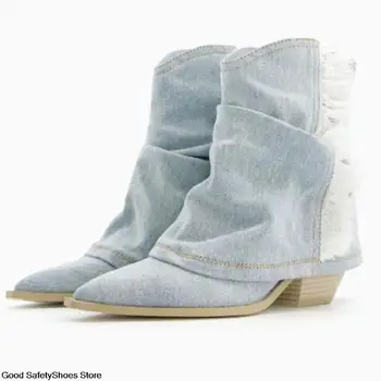 Женские ботинки в стиле вестерн, джинсовые ковбойские женские ботинки Cowgirls, винтажные осенне-зимние ботильоны на массивном каблуке 