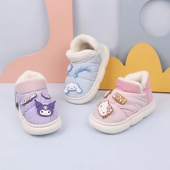 Sanrio Hello Kitty/ Зимние детские хлопчатобумажные тапочки, сумка для девочек, хлопчатобумажная обувь на каблуке, Милый мультяшный домик для ушастой собаки Куроми