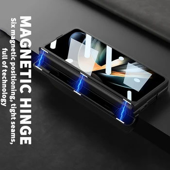 Для Samsung Galaxy Z Fold4 Чехол Из Матовой Однотонной Кожи С Магнитным Шарниром Держатель Ручки Боковая Подставка Чехол С Зеркальной Пленкой Для Fold 4 5G
