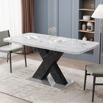 Современный квадратный обеденный стол, растягивающийся, столешница из Белого Мрамора + Черная Х-образная Ножка стола из МДФ с Металлическим Основанием