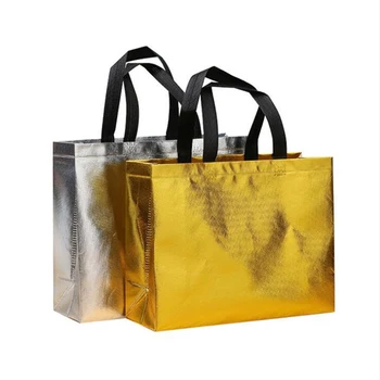 Оптовая продажа 500 шт. / лот, Ламинированная нетканая сумка из металлического золота с логотипом на заказ для подарков, бутик одежды, вечеринка, Свадьба