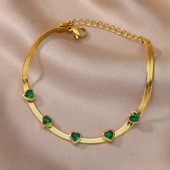 Нержавеющая сталь 316L Милый зеленый браслет с циркониевым сердечком для женщин, змеиная цепочка, панк-браслет, Рождественские украшения, подарки, прямая поставка