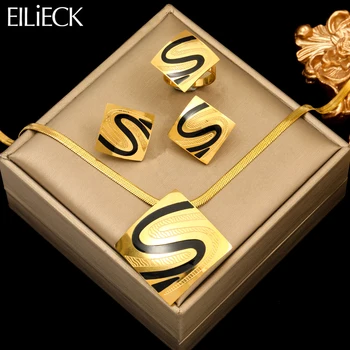 EILIECK Нержавеющая сталь 316L, Геометрическое ожерелье золотого цвета, серьги, кольца, модный женский подарок для вечеринки, роскошные ювелирные изделия, 3 комплекта