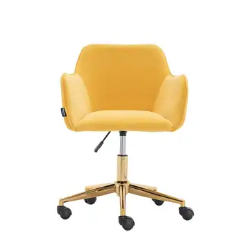 Офисное кресло из ткани, регулируемое по высоте, поворотное на 360 °, с золотистыми металлическими ножками и колесиками, желтое