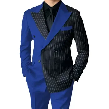 Новое поступление, дизайн в синюю и черную полоску, Двубортный козырек с лацканами, элегантный повседневный выпускной комплект, специальная куртка и брюки из 2 предметов