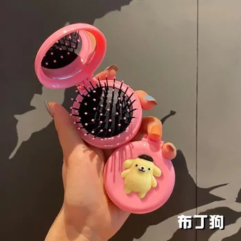 Креативная новинка Hello kitty Kuromi с помпоном Purin mini, симпатичное складное зеркальце-расческа, встроенное мультяшное портативное детское зеркальце для макияжа